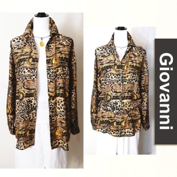 GIOVANNI 100% Silk Blouse Brown Black Leopard Print Oversized Collar L-Sleeve - Picture 2 of 13